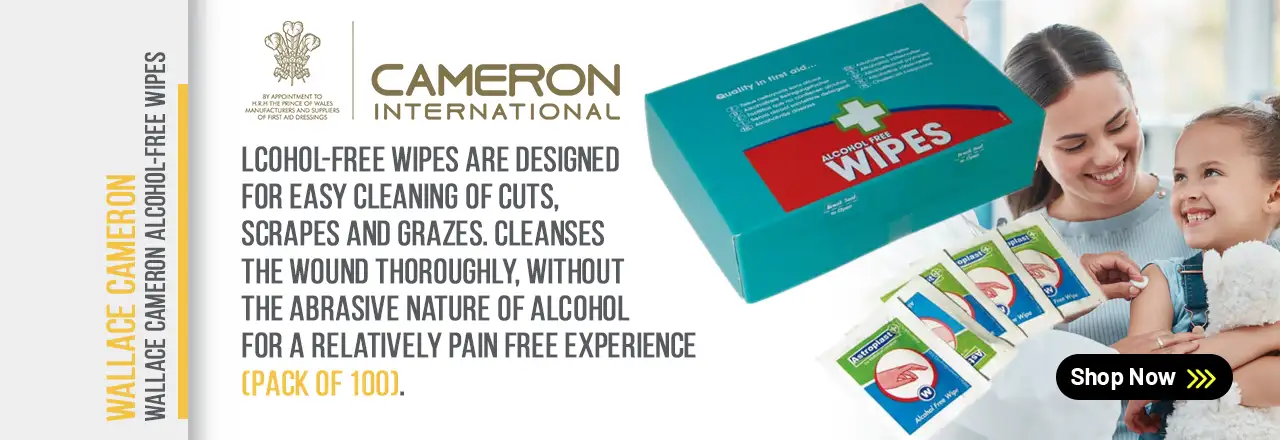 Wallace Cameron Individually Wrapped alcohol-Free Wipes (Pack of 100) 1602014. Cleans cuts and scrapes efficiently. alcohol free. To treat minor injuries. Comes in a hardwearing, portable, wall mountable plastic box. Individually Wrapped. Pack of 100.