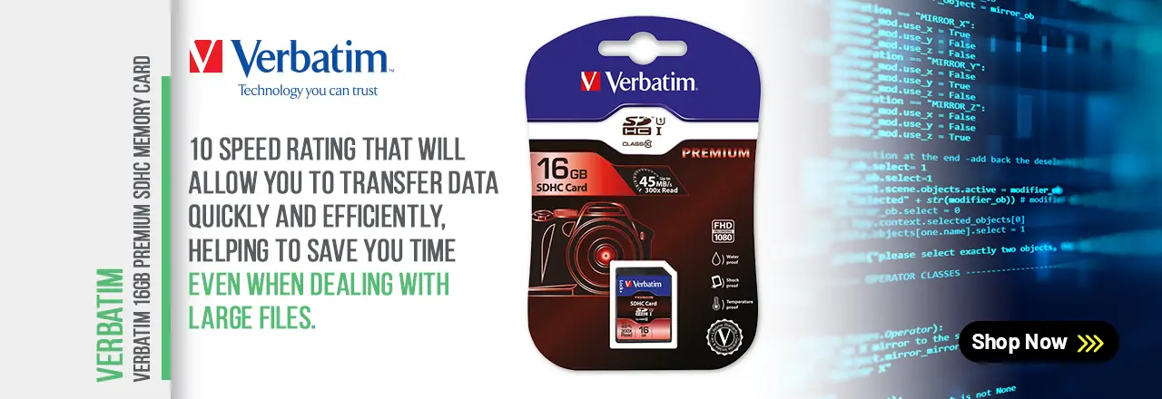 Verbatim SDHC memory card class 10. Designed to be used in compatible digital cameras portable music players camcorders smartphones and PCs. Uses a FAT32 file system making it ideal for high quality video. Read/write speed 10 MB/sec. Capacity: 16GB.